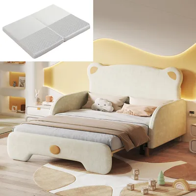 Produktbild von STILVORA Kinderbett 140x200cm Schlafsofa in Bärenkopfform mit Holzlattenrost，Polsterbett aus Samt mit weichen Schutzkanten,Beige(mit Matratze)