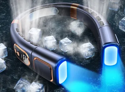 A personal neck fan is shown on a dark, textured surface surrounded by ice cubes and vapor, indicating its cooling function.