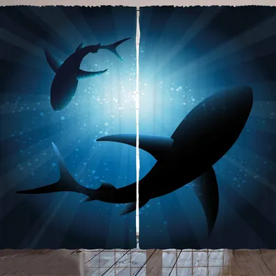 Produktbild von ARANDE Hai Gardine, Schattenbild der Fische, die in der Dämmerung Nacht-Mond-mystischen magischen Seelandschaft schwimmen, 280 x 175 cm, Dunkelblau