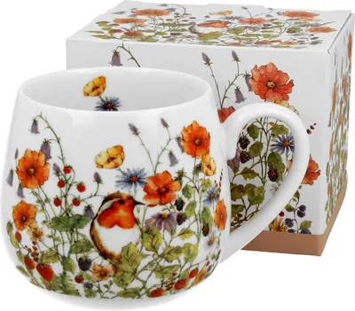 Produktbild von DUO sp. z o.o., New Bone China Porzellan Becher, 430 ml, H: 10 cm, B: 10 cm, L: 13 cm, Ø 8.2 cm, mit Henkel, spülmaschinengeeignet & mikrowellenfest, für Kaffee & Tee, Wild Birds Design, weiß, floral bedruckt.