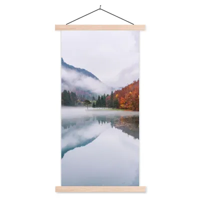 Produktbild von MuchoWow® Textilposter Herbst - Nebel - Wasser - Landschaft 60x120 cm mit holzfarbenen Rahmen - Holz