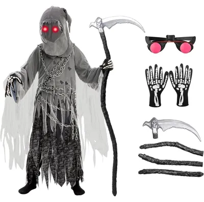 Obrázek produktu pro Kostým Smrtky pro děti, ideální na Halloween. Strašidelný kostým se sekerou a pláštěm, s podsvícenýma očima