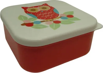 Produktbild von Süße Retro-Lunchbox aus Kunststoff in Rot mit buntem Print und niedlicher Eule