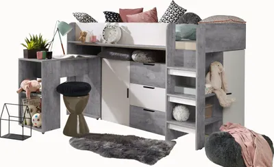 Produktbild von Etagenbett für Kinder KONKRET 1 Stockbett mit Treppe, Kleiderschrank und Schreibtisch (Beton + Weiß)