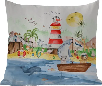 Produktbild von MuchoWow® Outdoor Kissen - Strand - Tiere - Kinder - Leuchtturm - Jungen - 50x50 cm - Wetterfest - Lounge Kissen - Komfortabel - Kissen mit Bild