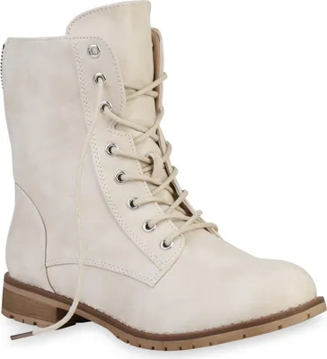 A single beige lace-up boot is shown against a white background.