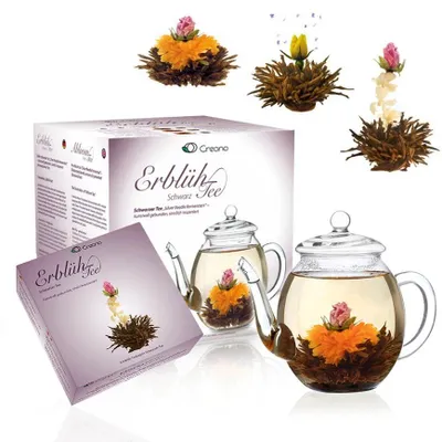 Produktbild von Creano Teeblumen Mix - Geschenkset Erblühtee mit Glaskanne, Schwarztee (6 Teerosen in 3 verschiedenen Sorten) Geschenk für Frauen, Mutter, Teeliebhaber +1x schwarzer Teelini
