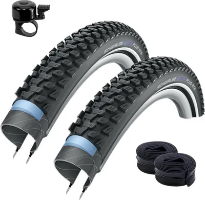 Produktbild von 2 x Schwalbe Marathon Plus MTB Unplattbar Reifen mit Reflex 54-559 (26 x 2,10) + 2 Schwalbe Schläuche SV13 inkl. Fahrradklingel