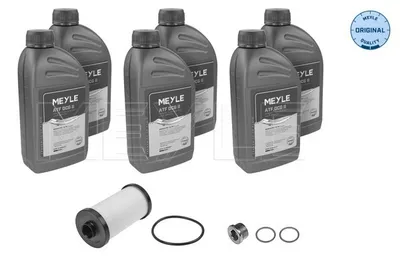 A set of automotive transmission fluid bottles and a filter, along with some small metal parts and O-rings, are arranged on a white background.