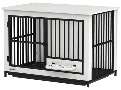 Produktbild von PawHut Hundekäfig für Zuhause mit 2 Türen drehbaren Näpfen, Schale Weiß