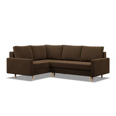 A brown corner sofa shown from a front-diagonal angle against a white background.