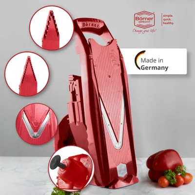 Immagine prodotto di Börner affettaverdure V5 Powerline set professionale affetta cetrioli affetta cavoli affetta patatine affetta verdure grattugia frutta vegan, colore:rosso