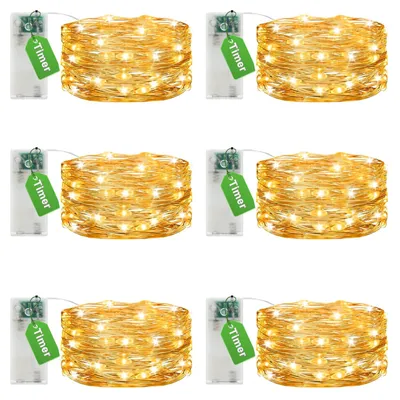 Lichterkette 3 m, 30 LEDs, warmweiß, Timer, 6er-Set, Kupferdraht
