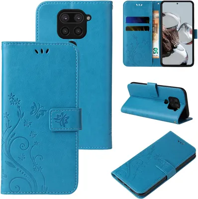 Produktbild von Handyhülle für Xiaomi Redmi Note 9 Floral Blumen Schmetterling Flip Cover Hülle Case Klapphülle Handytasche Farbe: Blau