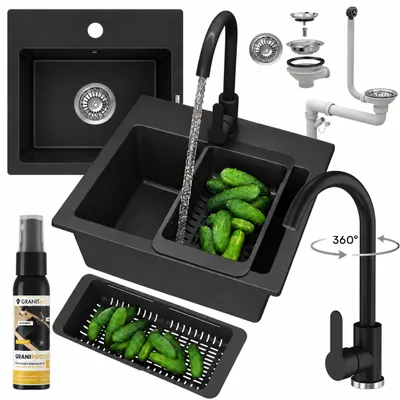 Obrázok produktu pre Granitan – granitový drez – kuchynský drez – 44 × 42 cm – čierny – s batériou PRESTIGE a príslušenstvom – drez – TEOR, Obrázok generovaný UI