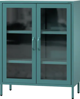 A teal metal cabinet with glass doors and shelves, shown against a white background.