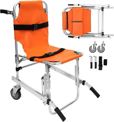 Zdjęcie produktu dla Składany krzesło na kółkach do pokonywania schodów, przeznaczone do ewakuacji, z pasami bezpieczeństwa, udźwig do 160 kg. Wykonane z aluminium. Krzesło do pokonywania schodów, dwukołowe, przeznaczone do użytku w karetkach, do ewakuacji osób starszych i niepełnosprawnych