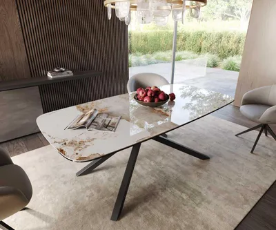Produktbild von DELIFE Esstisch Edge Boot 200x100 Keramik Minas Melange Weiß-Beige Kreuzgestell Rechteck Schwarz