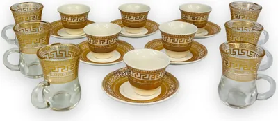 Produktbild von 18-teiliges Kaffeeservice Teeservice für 6 Personen Medusa Mäander Gold Espressotassen Mokkatassen und Teegläser mit Unterteller Luxus Pur 100 Ml in Geschenkbox