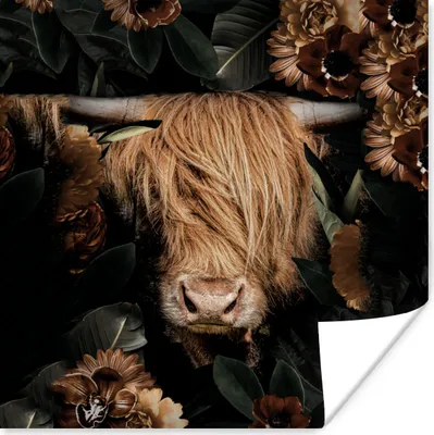Produktbild von MuchoWow® Poster Schottisches Hochlandrind - Blumen - Blätter - Horn 50x50 cm - Wohnzimmerdekoration