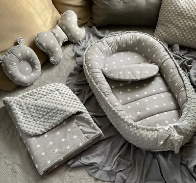 Produktbild von MINKY Grau/STERNE Grau Babynestchen Unterlage 5 Tlg SET Babynest Wicleklunterlage Reisebett Babydecke Babyausstattung 4 Jarhreszeiten PREMIUM Geschenk