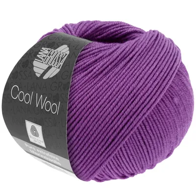 A ball of purple yarn with a label.