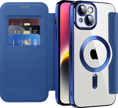Image de Etui pour iPhone 14 compatible avec MagSafe, étui transparent avec porte-cartes, étui en cuir avec protection de l'appareil photo bleu