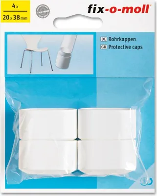 A retail package containing four white protective caps for furniture legs.