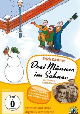 A DVD cover for the movie 'Drei Männer im Schnee' featuring an illustration of a snowman and three men in winter attire, along with promotional text and actor photos.