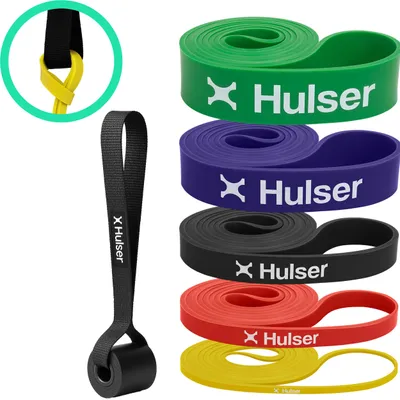 Produktbild von Hulser Widerstandsband Set 6-teilig – mit Türanker – 2 bis 55 kg – 104 / 208 cm – Pull Up Band – Fitness Widerstandsbänder – Stretchband – Power Band