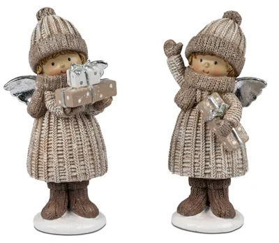 Produktbild von 2er Set Dekofiguren Winterengel mit Geschenken H. 17cm aus Kunststein Formano