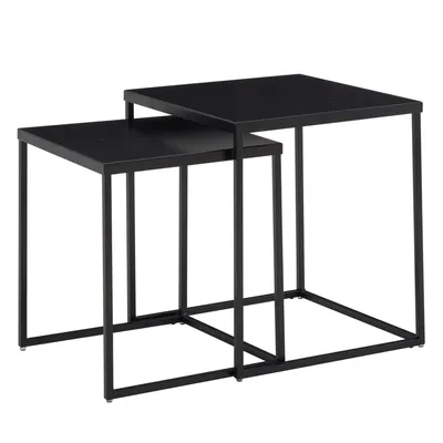 Two black nesting tables are shown against a white background.