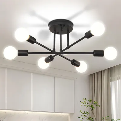 Zdjęcie produktu dla Nowoczesna lampa sufitowa Sputnik 6-punktowa E27 – retro metalowy żyrandol do salonu, sypialni, gabinetu, kawiarni, restauracji – czarny, 60 W, Ø54 cm