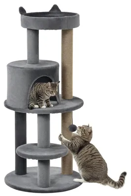 Obrázek produktu pro Kočičí škrábací strom – škrábací strom s platformami a úkrytem – 4 úrovně – sisalové sloupky – hračka (míč) – 48x48x104 cm – šedá barva