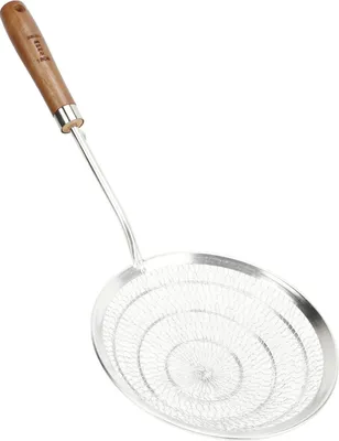 Image de Cuillère à tamis à long manche en bois, en acier inoxydable 304, anti-brûlure, cuillère à fentes pour la cuisine, la friture, les spaghettis, grande taille (26,4 x 18 cm)