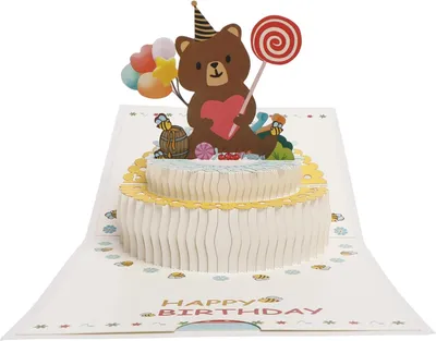 Produktbild von Pop-Up Karte Geburtstag, Pop Up Karte mit Geburtstagskuchen, 3D Geburtstagskarte mit Kleiner Bär, 3D Geburtstagskarte mit Teddybär für Kinder, Happy Birthday Karte mit Umschlag