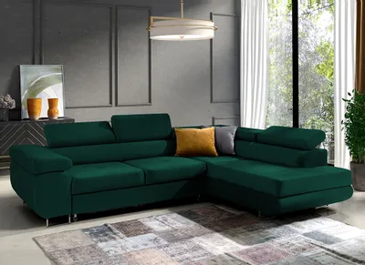 Produktbild von Ecksofa in L-Form "Mediolan", L-förmige Eckcouch mit Schlaffunktion, ausziehbares Sofa, 1 Bettzeugbehälter, verstellbare Kopfstützen, (Monolith 37)