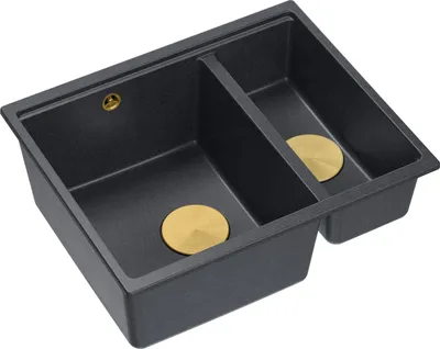 Obrázok produktu pre QUADRON drez 1,5 misky | Rozmery: 55,5 x 46 x 22 cm | LOGAN 150 | Kuchynský drez GraniteQ granitový drez so sifónom | Čierna + zlatá