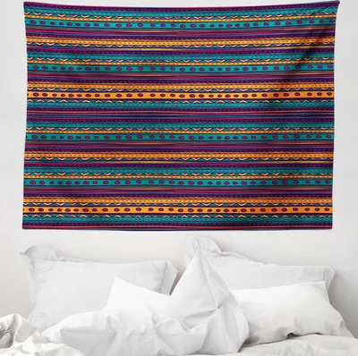 Produktbild von ABAKUHAUS Gestreift Wandteppich, Retro Aztec Kunst aus Weiches Mikrofaser Stoff Waschbar ohne Verblassen Digitaldruck, 150 x 110 cm, Teal Plum und orange