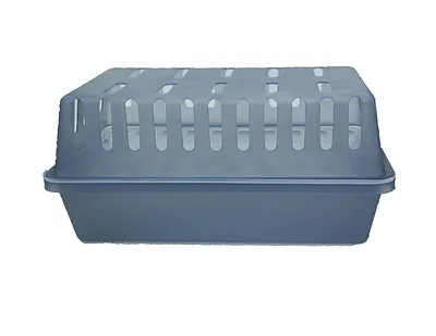 A grey pet carrier is shown against a white background.
