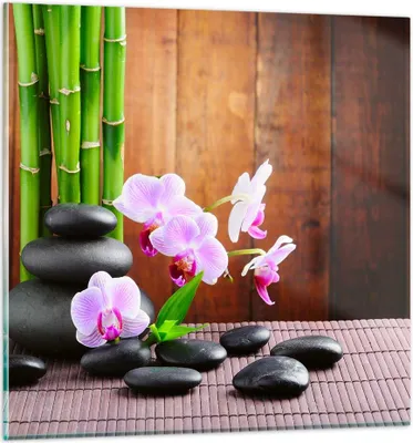 Produktbild von Bilder auf glas - Bambus Dekoration Blume Orchidee - 70x70cm - Glasbilder - Wandbilder - Kunstdruck - zum Aufhängen bereit - Wanddekoration aus Glas - Glas Bilder - Wandbild auf Glas - GAC70x70-2167