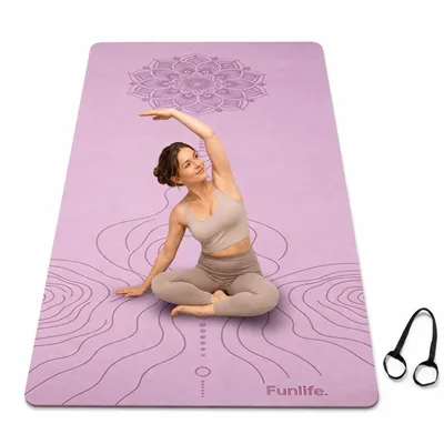 Imagen del producto de Esterilla de yoga FunLife, extra ancha (183 x 80 cm), de 8 mm de grosor, de material TPE, antideslizante, con correa de transporte. Alfombrilla de fitness para yoga, pilates y gimnasia, color lavanda