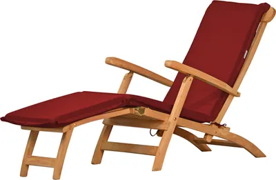 A wooden deck chair with a red cushion, shown on a white background.