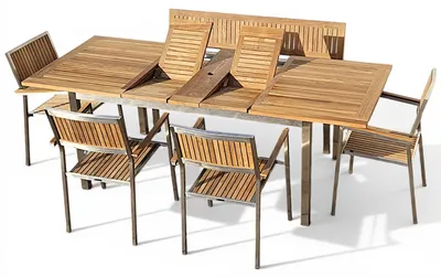 Produktbild von ALEOS. Gartengarnitur Edelstahl Teak Set mit Ausziehtisch 160/220 x 90 cm + Gartenbank 140cm + 4x Teak Sessel A-Grade Teak Holz Serie KUBA Gastroqualität
