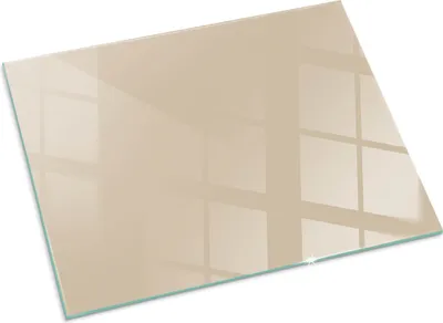 A rectangular glass plate with a beige tint, reflecting light and showing a grid pattern from what appears to be a window or ceiling.