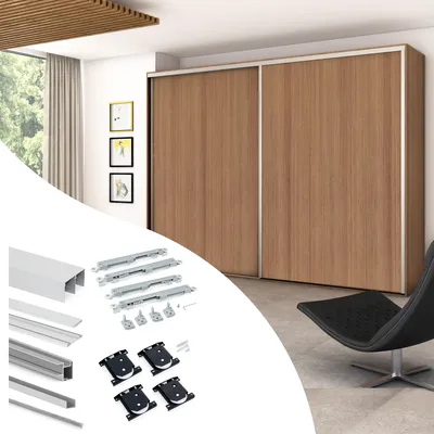 Produktbild von Emuca Set aus Beschlagset für Placard 81 2 Schiebetüren Schrank mit sanftem Schliessen, Tiefes Profil, 18mm stark, Paneele nicht inbegriffen, Matt eloxiert