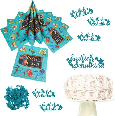 Produktbild von Oblique Unique Schuleinführung Schulanfang Einschulung Deko Set - Endlich Schulkind Torten Topper + Konfetti + Servietten