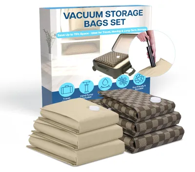 Produktbild von Robuste Vakuumbeutel für Kleidung & Reisen – 6er Pack – mit Handpumpe – Braun