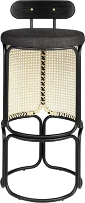 Produktbild von Casa Padrino Designer Barstuhl mit Rückenlehne Schwarz / Naturfarben Ø 40,5 x H. 90 cm - Runder gepolsterter Barhocker mit edlem Rattangeflecht und pulverbeschichtetem Stahlrahmen