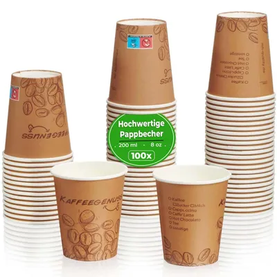 Produktbild von Pappbecher 200ml Dunkelbraun 100 Stück Einweg Kaffeebecher Coffee to go | Kaffeebecher 200ml | 8oz | Pappbecher dunkelbraun | Heißgetränkebecher